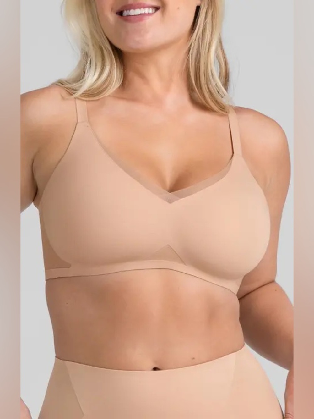 Honeylove Crossover Wireless Bra Sand Beige Mesh V-Neck Comfort Supportive L
